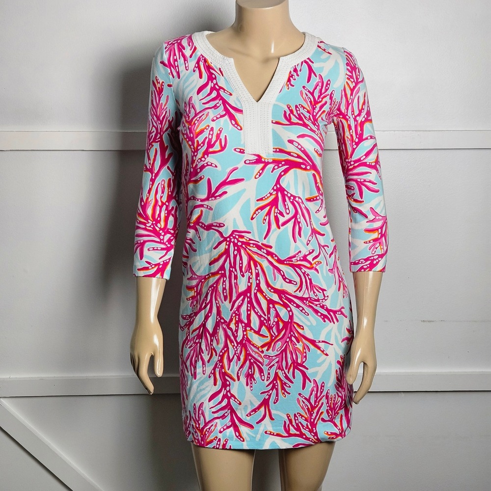 Lilly Pulitzer 2015 Sophie Tunic Dress XS Pink Blue Coral Print 3/4 Sleeve 14145